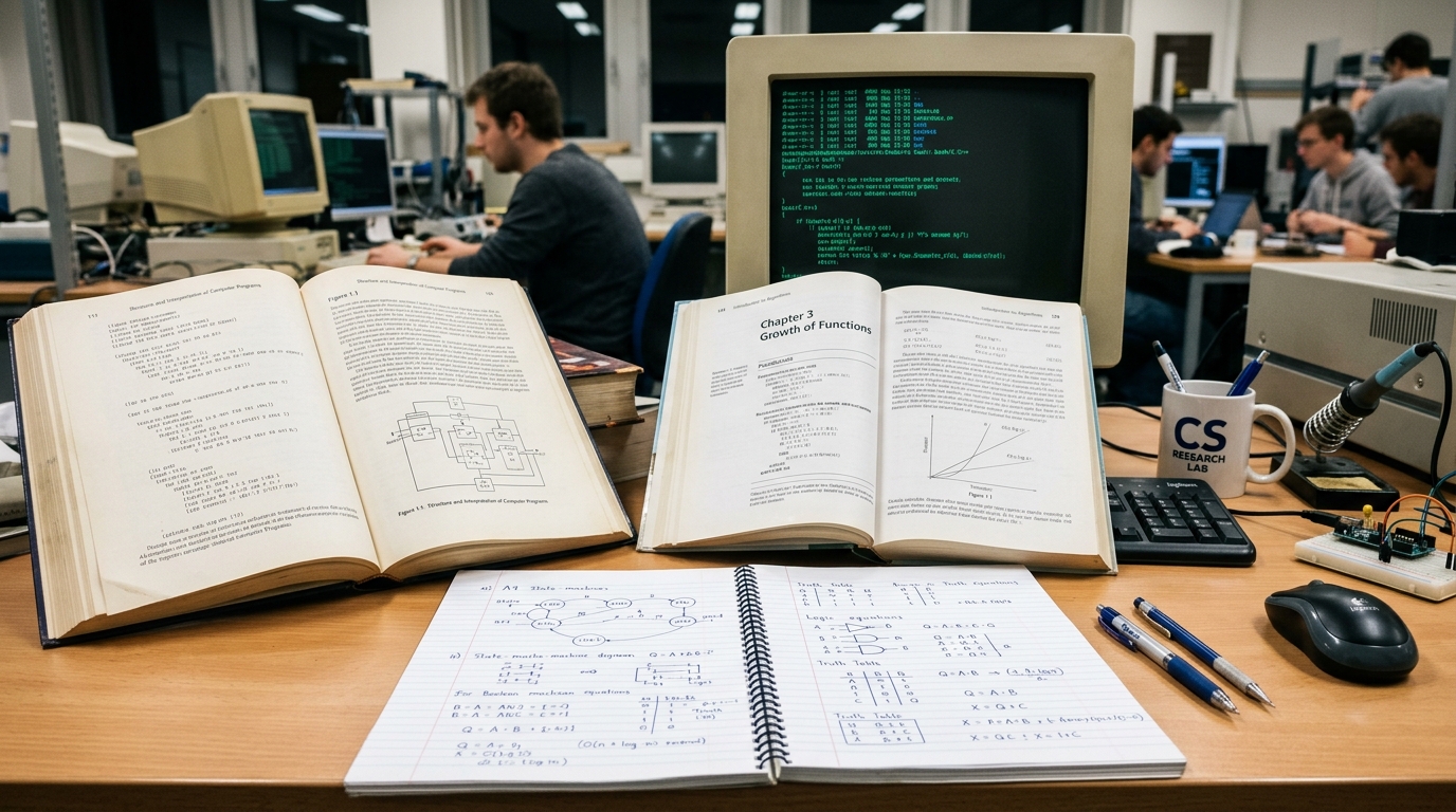 Computer science study desk with open reference textbooks, logic diagrams, and laboratory terminals